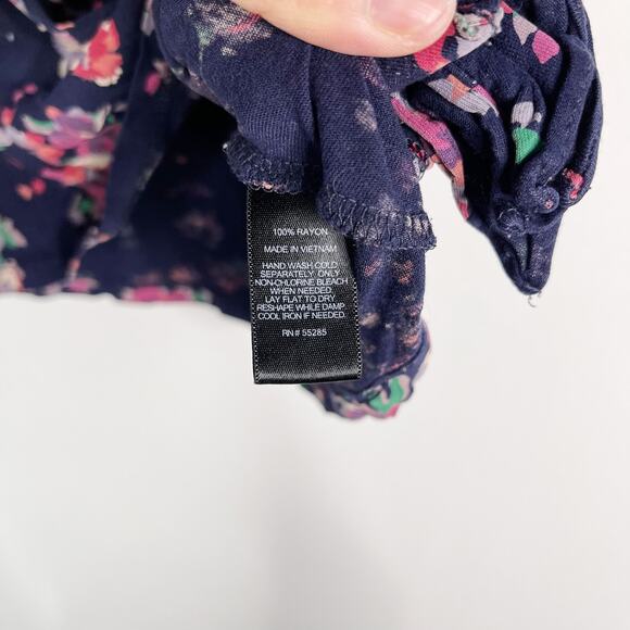 Express Womens Medium Navy Blue Pink Floral Ruffled Front Sleeveless Blouse Top - Picture 7 of 7